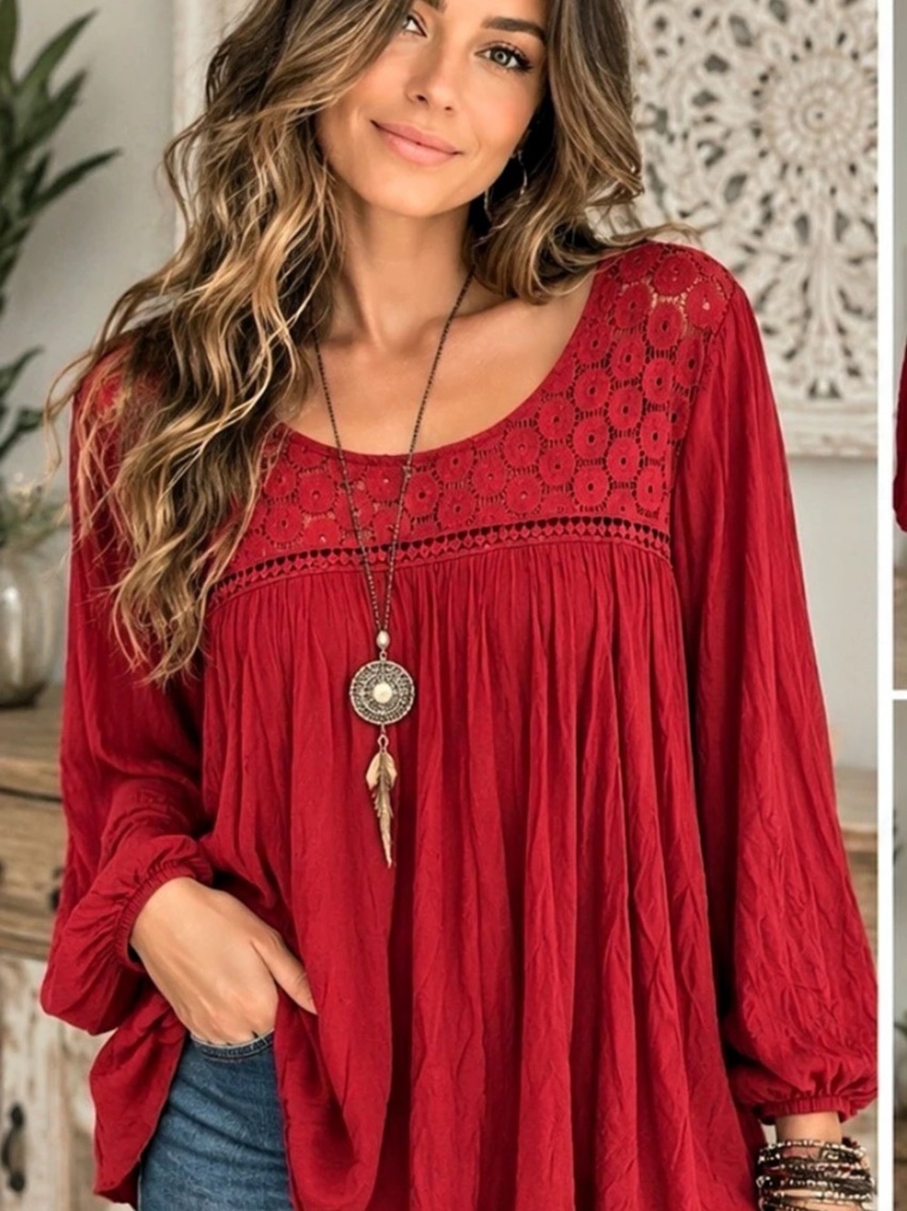 31” ptp Boho Lace Tunic Blouse Lace Yoke Tunic in Red Size 2X